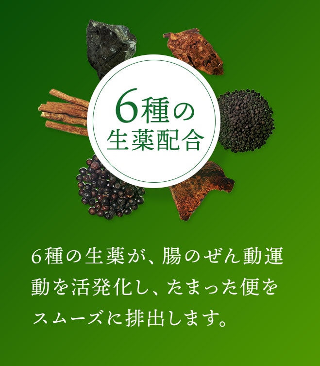 6種の生薬が、腸のぜん動運動を活発化し、たまった便をスムーズに排出します。