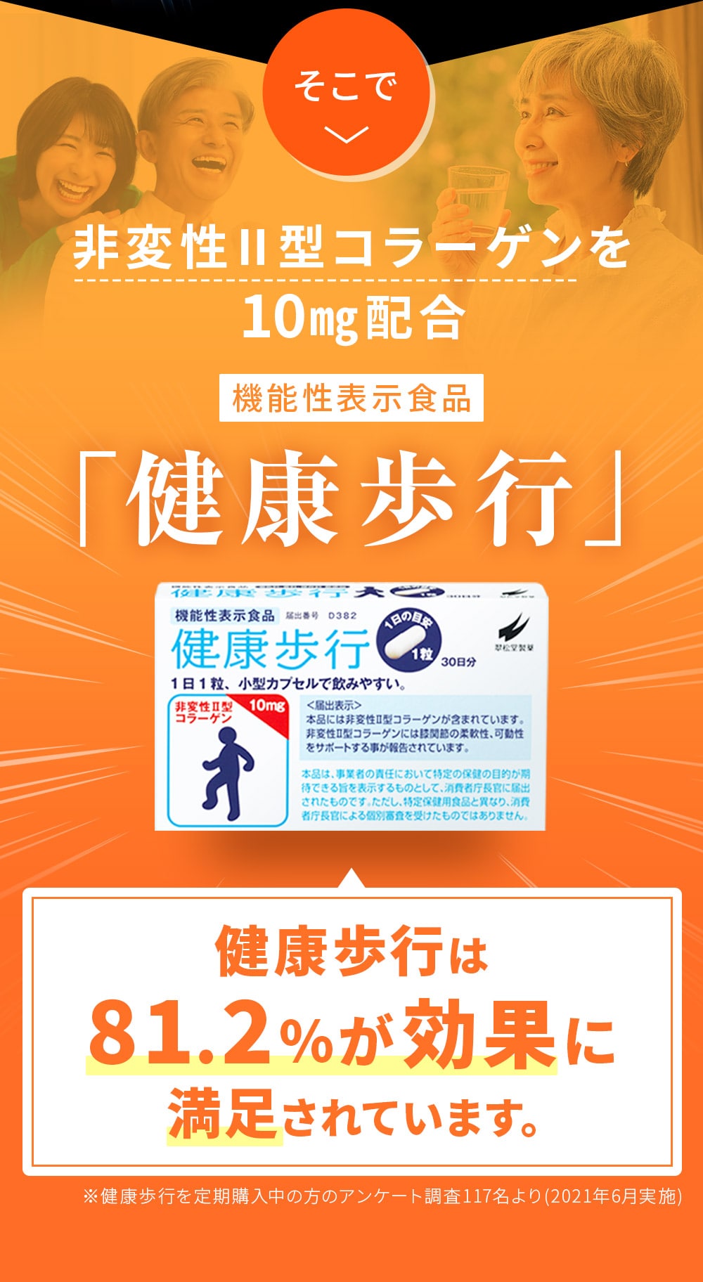 そこで、非変性Ⅱ型コラーゲンを10mg配合　機能性表示食品　健康歩行