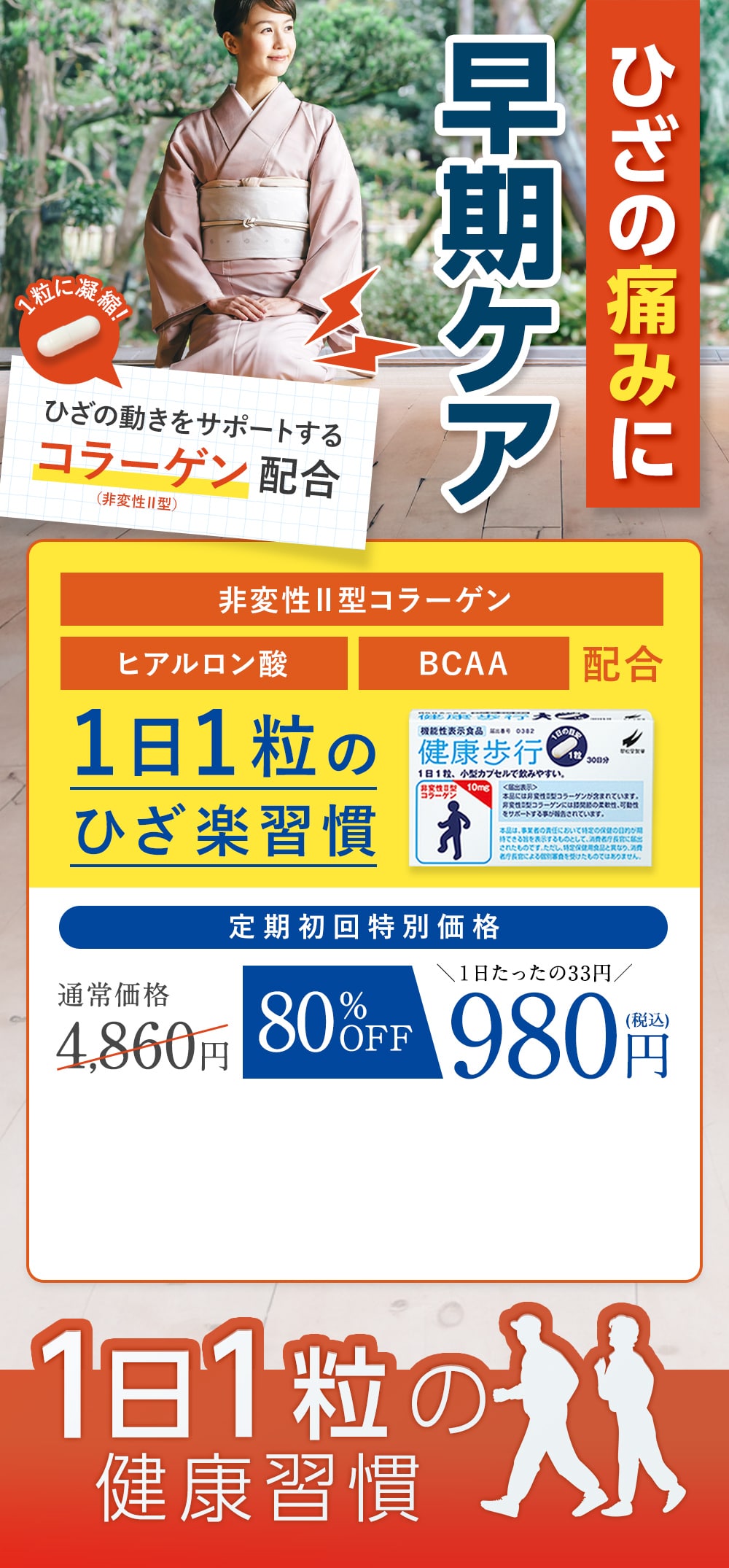 もう、ひざ痛に悩まない　1粒に凝縮！ひざの動きをサポートするコラーゲン（非変性Ⅱ型）配合　機能性表示食品　通常価格 4,860円→80％OFF　980円（税込）　1日1粒の健康習慣
