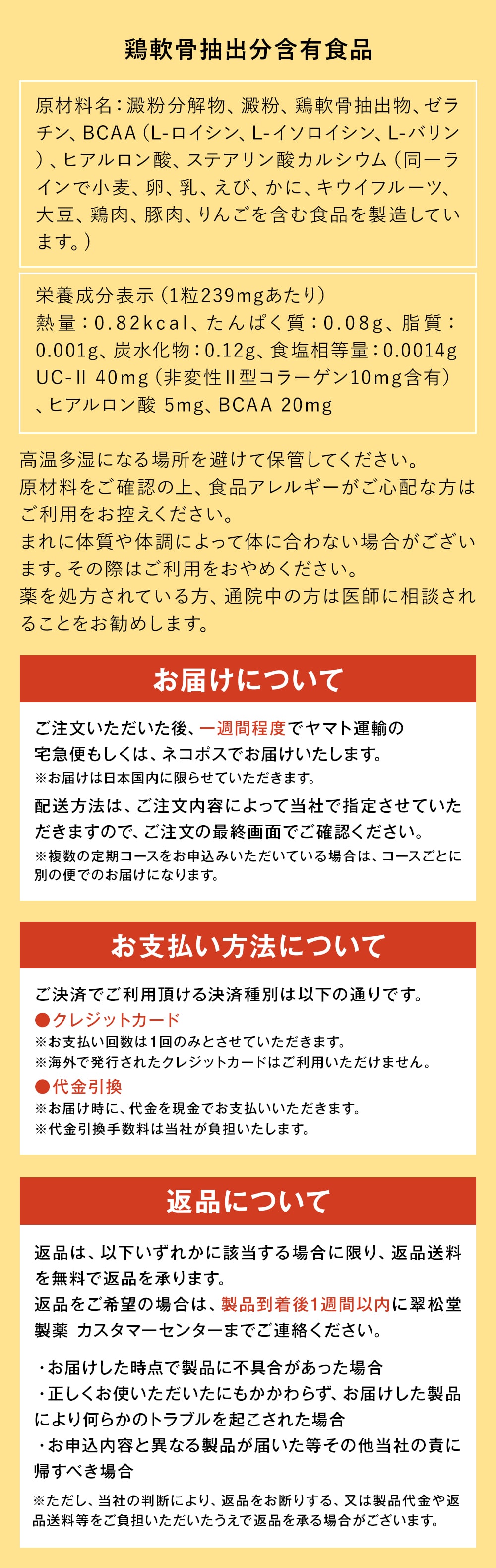 鶏軟骨抽出分含有食品 原材料名：澱粉分解物、澱粉、鶏軟骨抽出物、ゼラチン、BCAA（L-ロイシン、L-イソロイシン、L-バリン）、ヒアルロン酸、ステアリン酸カルシウム（同一ラインで小麦、卵、乳、えび、かに、キウイフルーツ、大豆、鶏肉、豚肉、りんごを含む食品を製造しています。) 栄養成分表示（1粒239mgあたり） 熱量：0.82kcal、たんぱく質：0.08g、脂質：0.001g、炭水化物：0.12g、食塩相等量：0.0014g UC-Ⅱ 40ｍg（非変性Ⅱ型コラーゲン10ｍg含有）、ヒアルロン酸 5mg、BCAA 20mg 高温多湿になる場所を避けて保管してください。原材料をご確認の上、食品アレルギーがご心配な方はご利用をお控えください。まれに体質や体調によって体に合わない場合がございます。その際はご利用をおやめください。薬を処方されている方、通院中の方は医師に相談されることをお勧めします。 
	お届けについて ご注文いただいた後、一週間程度でヤマト運輸の宅急便もしくは、ネコポスでお届けいたします。※お届けは日本国内に限らせていただきます。配送方法は、ご注文内容によって当社で指定させていただきますので、ご注文の最終画面でご確認ください。※複数の定期コースをお申込みいただいている場合は、コースごとに別の便でのお届けになります。
    お支払い方法について ご決済でご利用頂ける決済種別は以下の通りです。●クレジットカード ※お支払い回数は１回のみとさせていただきます。※ 海外で発行されたクレジットカードはご利用いただけません。
    ●代金引換 ※お届け時に、代金を現金でお支払いいただきます。※代金引換手数料は当社が負担いたします。
    返品について 返品は、以下いずれかに該当する場合に限り、返品送料を無料で返品を承ります。返品をご希望の場合は、製品到着後1週間以内に翠松堂製薬 カスタマーセンターまでご連絡ください。
    ・お届けした時点で製品に不具合があった場合 ・正しくお使いただいたにもかかわらず、お届けした製品により何らかのトラブルを起こされた場合 ・お申込内容と異なる製品が届いた等その他当社の責に帰すべき場合
    ※ただし、当社の判断により、返品をお断りする、又は製品代金や返品送料等をご負担いただいたうえで返品を承る場合がございます。