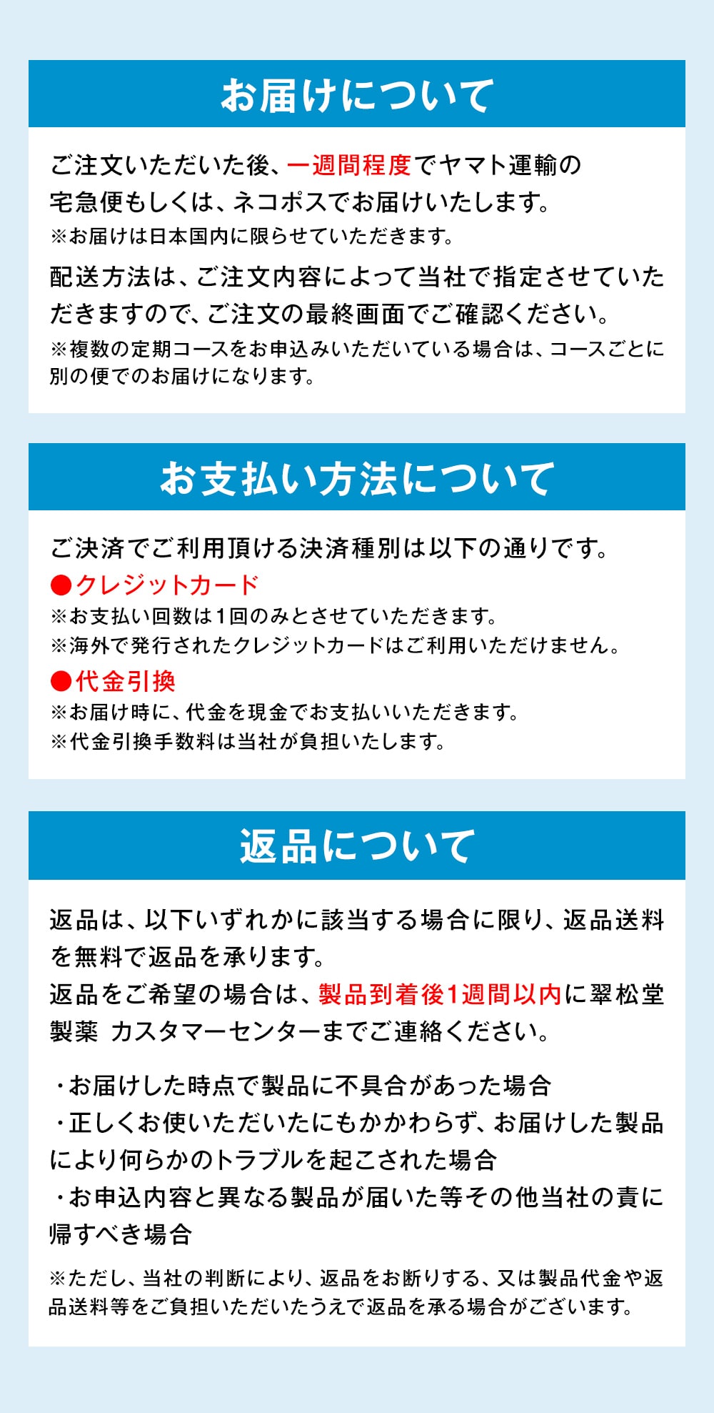 お届けについて、お支払方法について、返品について